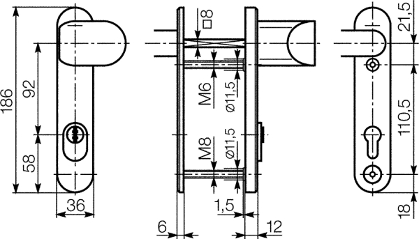 IKON Stahl Kurzschild-Schutzbeschlag für Rohrrahmentüren mit Zylinderabdeckung Winkelknauf/Drücker Nr. S6B8,AUS=ZA0